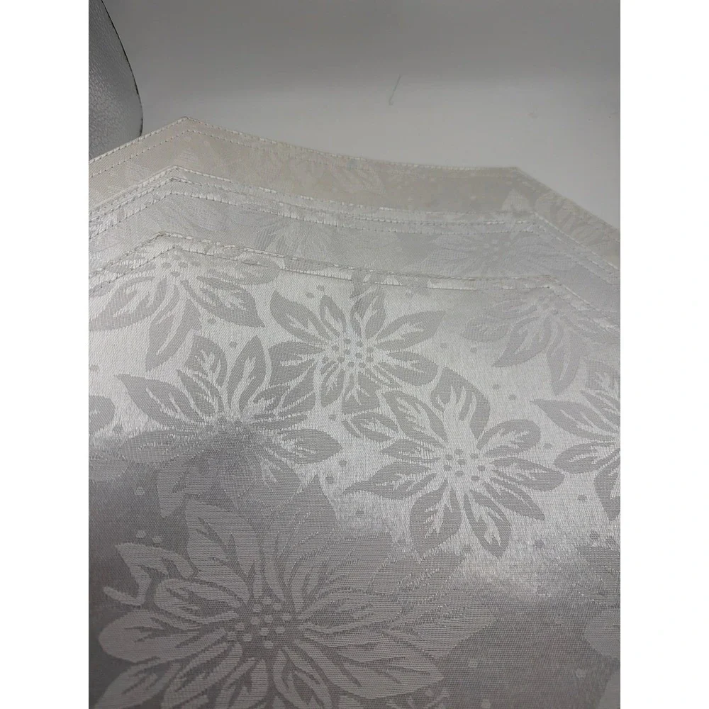 White Damask Poinsettia Christmas Placemats Set of 4 Octagon Holiday Table Decor